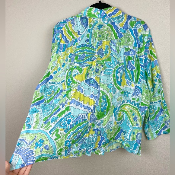 VTG Alfred Dunner Women's 14P Semi Sheer Colorful Fish Print Blouse Roll Tab - Picture 11 of 11